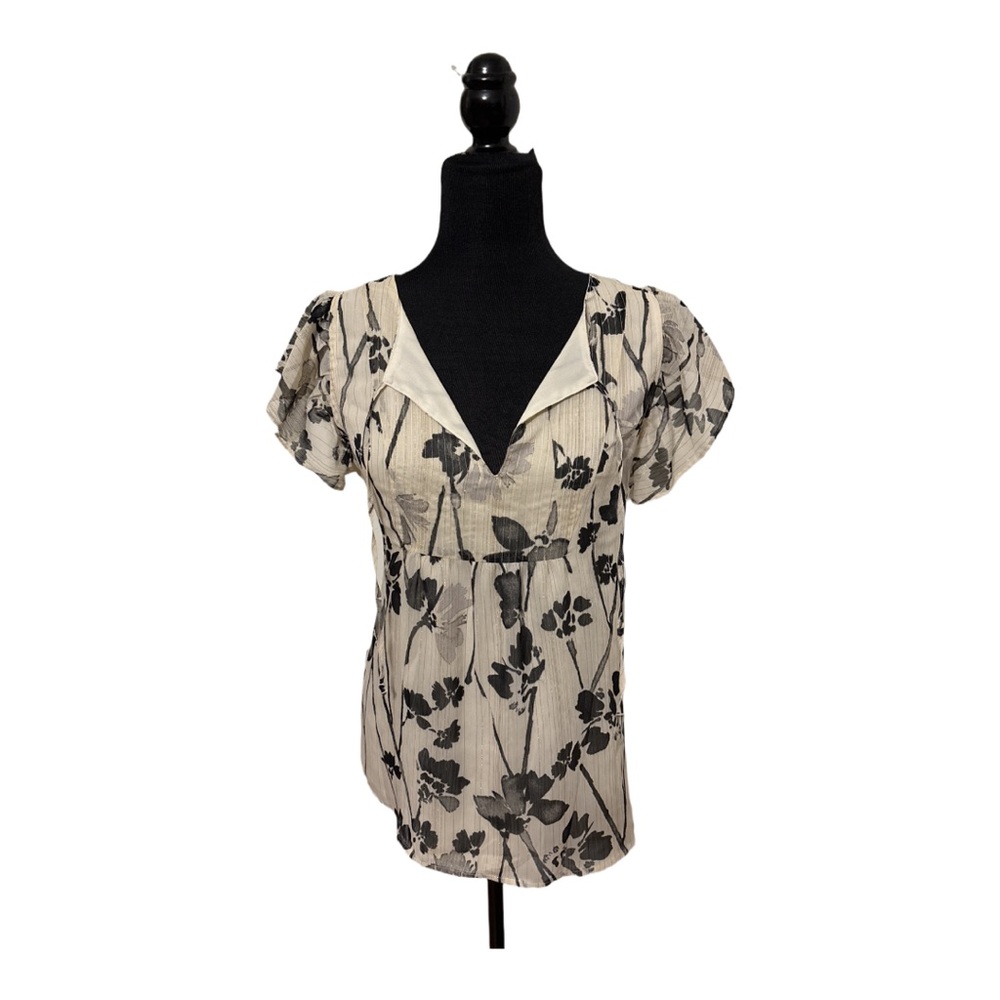 DKNY Women’s Beige & Black Chiffon V Neck Pullover Top with Gold Accents Size L - Picture 3 of 6